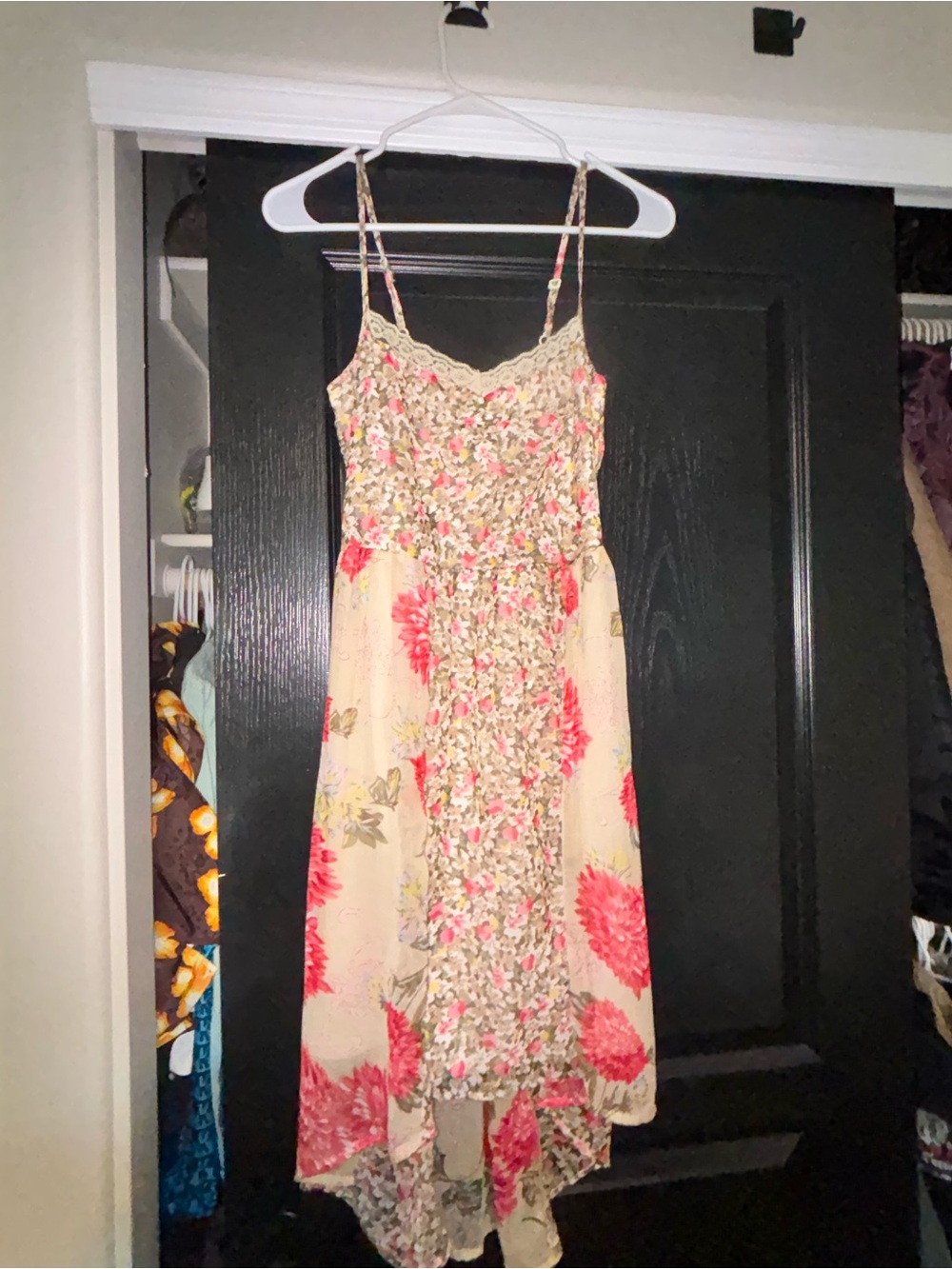 dELiA*s Cream Dress with Pink Floral Print - High-Low Spaghetti-Strap